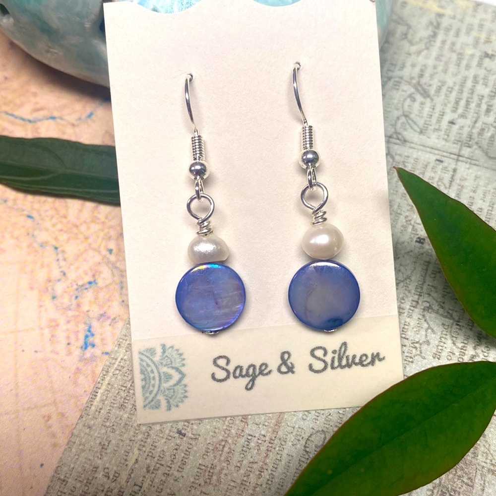 NEW Dainty Blue violet mother of pearl earrings with genuine freshwater pearls